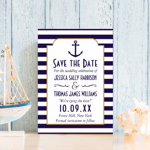 Nautical Navy & White Stripe Anchor Save The Date