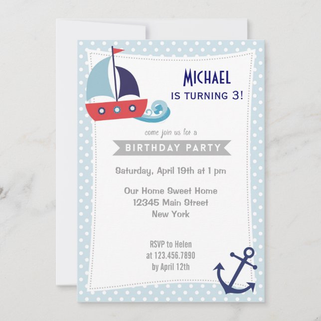 Nautical Sailboat Boy Birthday Invitation Blue (Devant)
