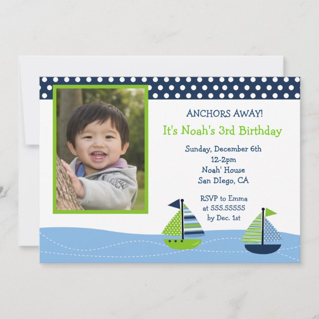 Nautical Sailboat Boys Photo Invitations d'anniver (Devant)