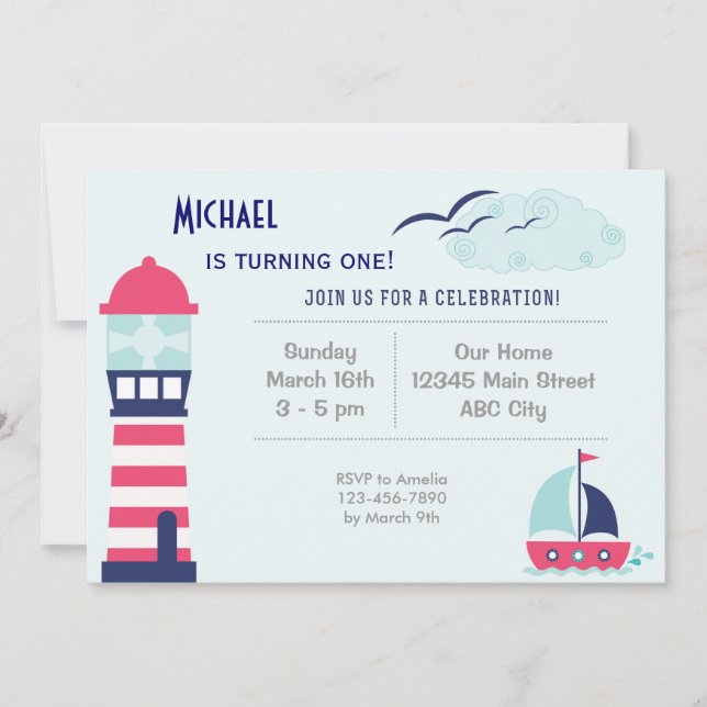 Nautical Sailboat Child Birthday Invitation Blue (Devant)