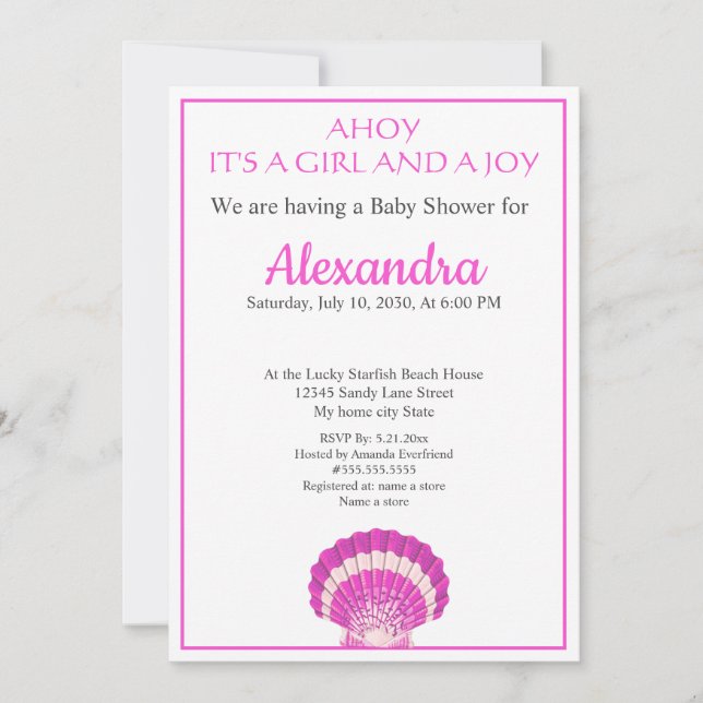 Nautical Seashell Rose Girl Baby shower invitation (Devant)