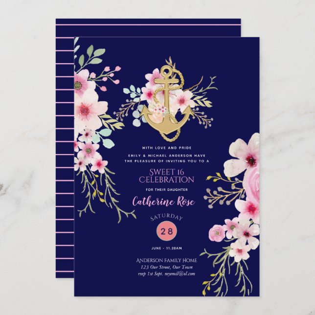 Nautical Sweet 16 Invitations Marine Blue Rose Flo (Devant / Derrière)