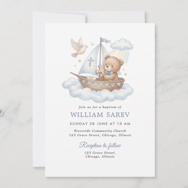 Nautical Teddy Bear Christening Blue Invitation (Devant)