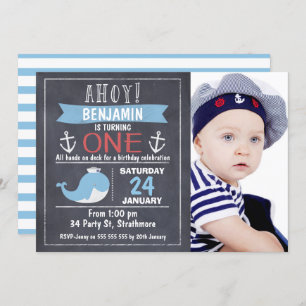 Nautical Whale Chalkboard 1st Birthday Invitation