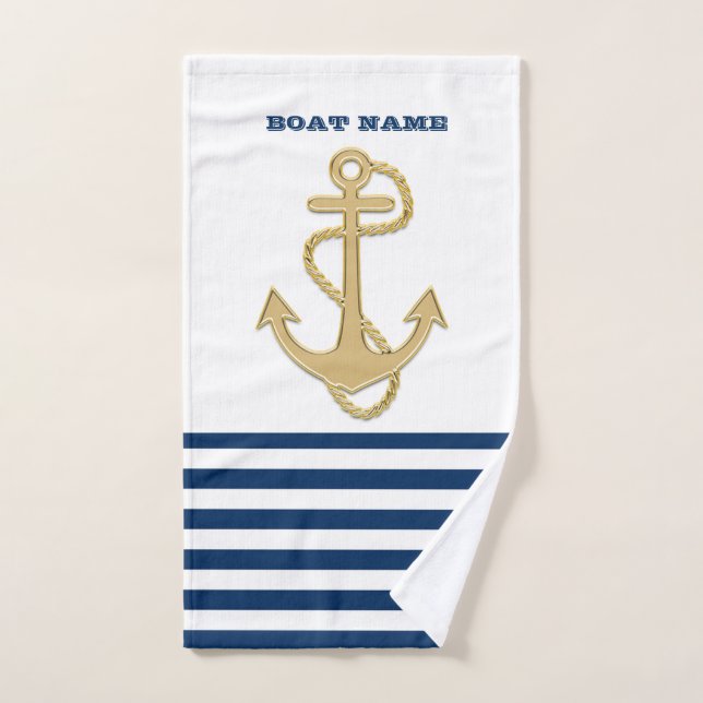 Nautique, Ancre dorée  Rayures blanches et bleu ma (Serviette à main)