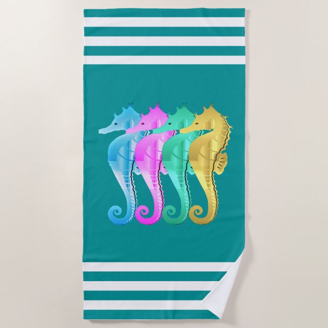 Nautique aqua/rose/bleu/or hippocampes serviette d (Devant)
