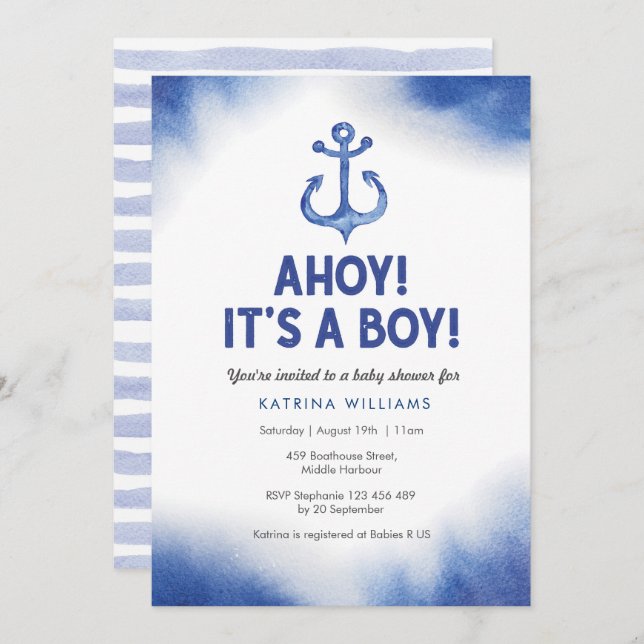 Nautique Aquarelle bleu Baby shower invitation (Devant / Derrière)