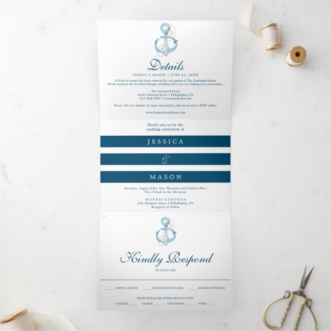 Nautique Marine Plage Mariage Tri-Fold Invitations (Intérieur)
