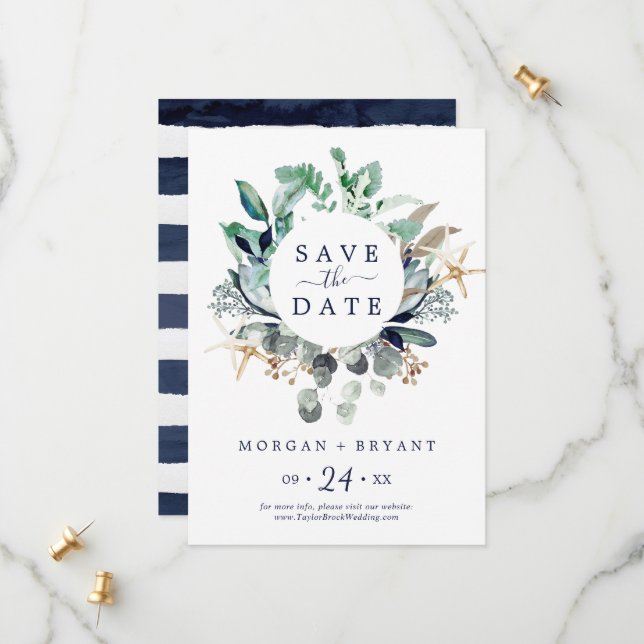 Nautique moderne | Green Save the Date Card (Devant/Arrière en situation)