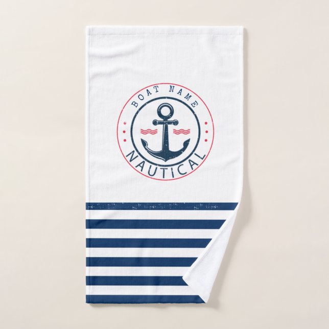 Nautique, nom de bateau, ancrage bleu marine rayé (Serviette à main)