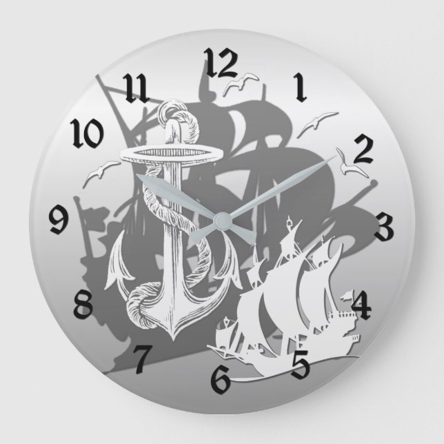 Navire pirate & Ancre Blanc Silhouette Mur Horloge (Recto)