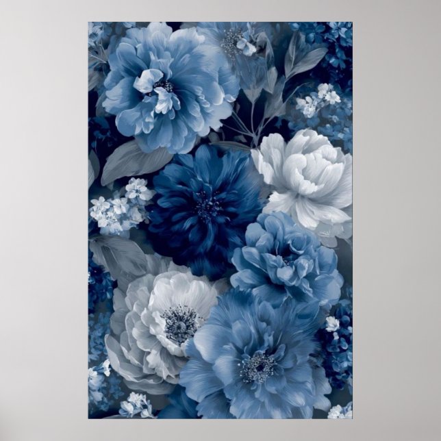 Navy and Dusty Blue Floral Art Poster 3 of 3 (Devant)