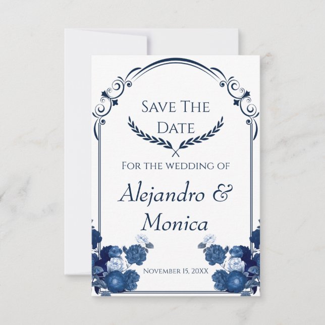Navy and Dusty Blue Floral Classic Save The Date (Devant)