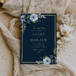Navy and gold floral wedding invitation<br><div class="desc">lovely blue flowers with a gold frame and elegant text. The colors and text can be personalized.</div>
