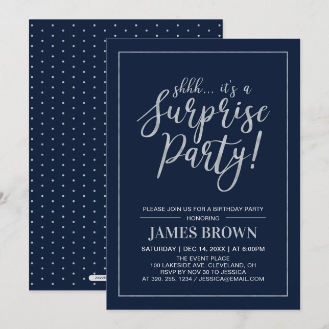 Navy & Argent | Invitation Anniversaire Moderne Su (Devant / Derrière)