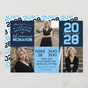 Navy & Baby Blue 3 Photo Graduation Invitation
