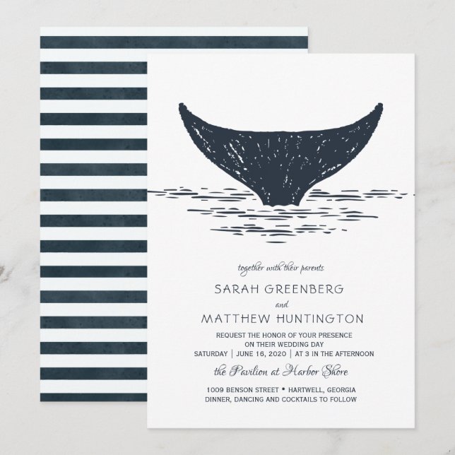 Navy & Blanc | Faire-Part de Mariage Nautilus Bale (Devant / Derrière)