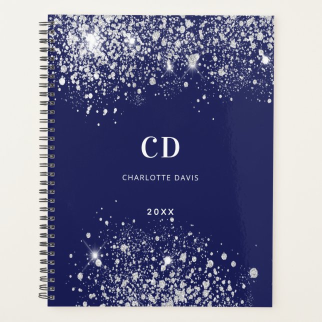 Navy bleu paillettes argent monogramme nom 2023 (Devant)