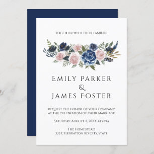 Navy Blu & Blush Floral Élégant Mariage Invitation