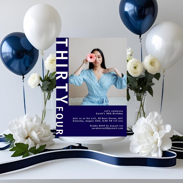 Navy Blue 34th Birthday Photo Invitation (Créateur téléchargé)