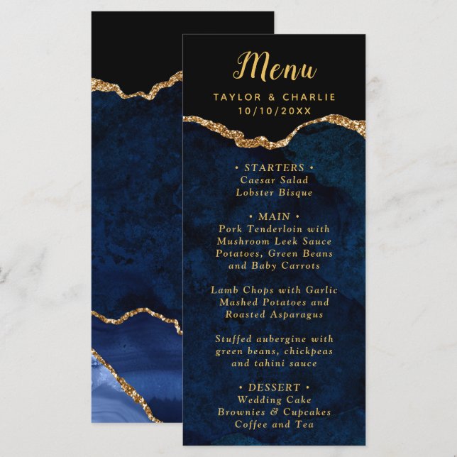 Navy Blue and Gold Agate Wedding Menu (Devant / Derrière)