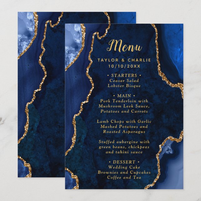 Navy Blue and Gold Agate Wedding Menu (Devant / Derrière)