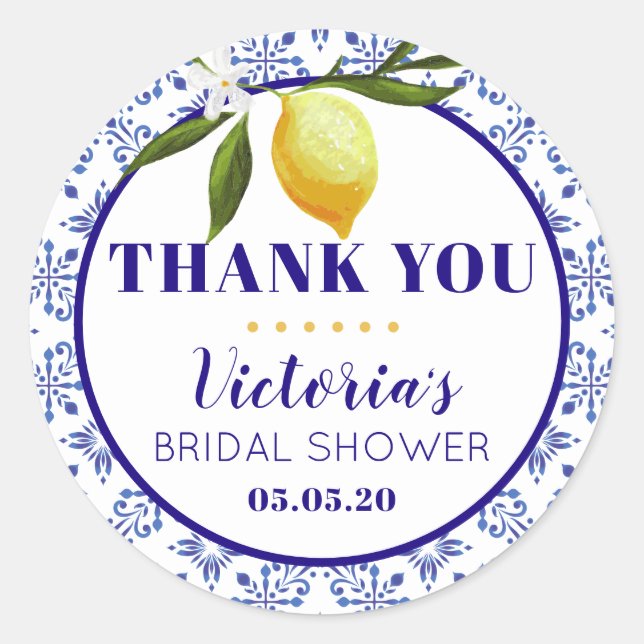 Navy Blue and Lemon bridal shower round sticker (Devant)