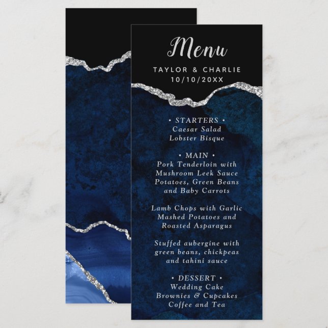 Navy Blue and Silver Agate Wedding Menu (Devant / Derrière)