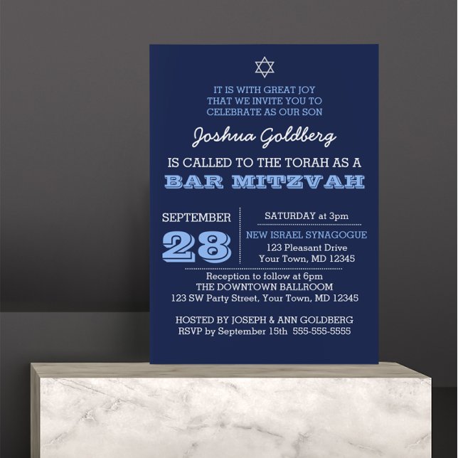 Navy Blue Bar Mitzvah Invitation avec nom Logo (Créateur téléchargé)
