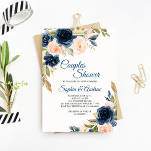 Navy Blue & Blush Floral Couples Douche Invitation