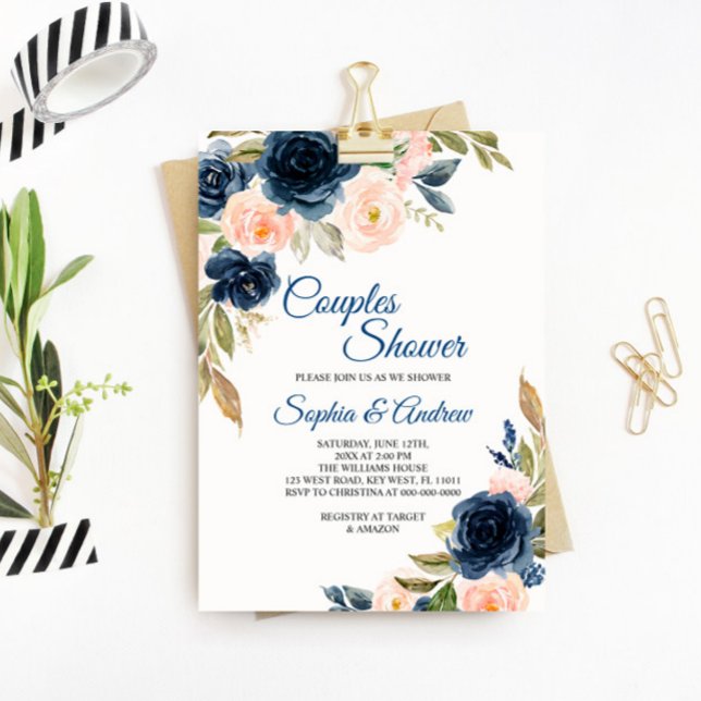 Navy Blue & Blush Floral Couples Douche Invitation (Créateur téléchargé)
