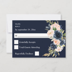 Navy Blue & Blush Rose Floral no Meal RSVP - Navy