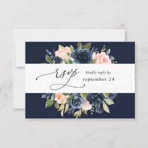Navy Blue & Blush Rose Floral w Repas RSVP - Navy