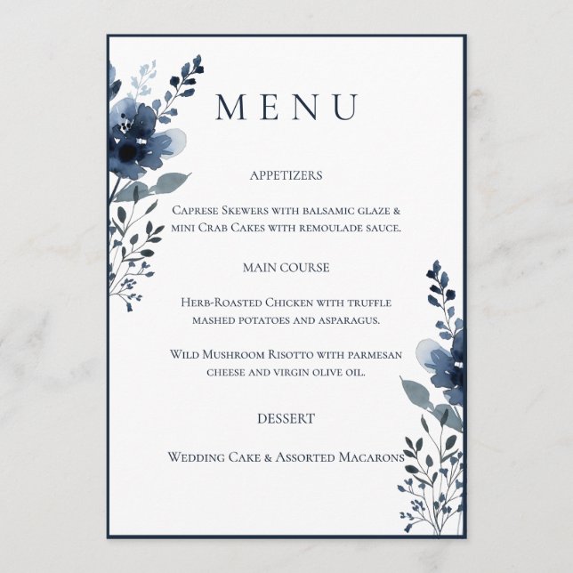 Navy Blue Botanical Wedding Menu (Devant)