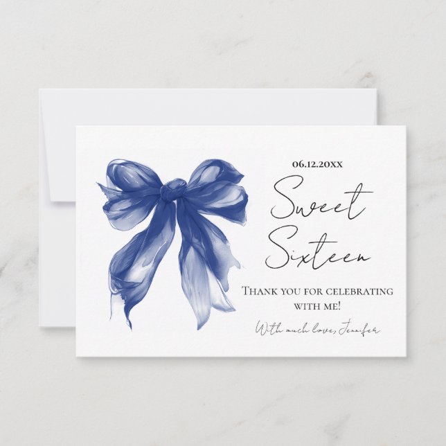 Navy Blue Bow Coquette Script Sweet 16 Merci  (Devant)