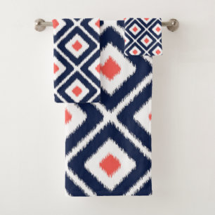 Navy Blue, Coral, White Ikat Diamond Motif