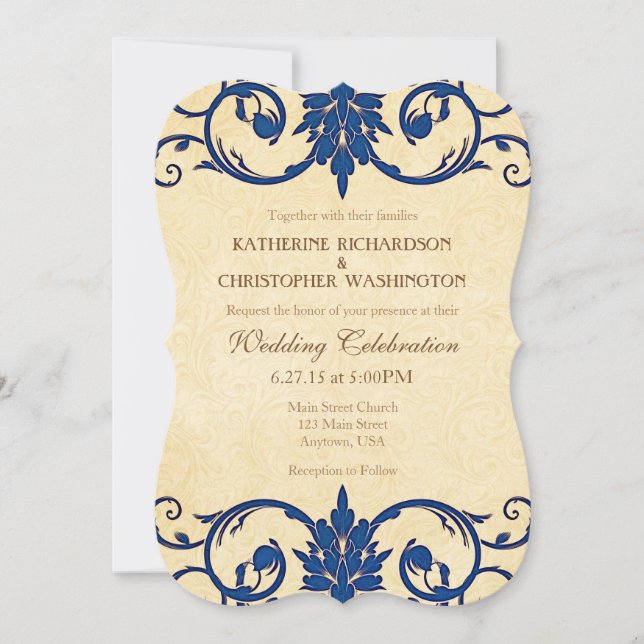 Navy Blue Cream Swirls Vintage Wedding Invitation (Devant)