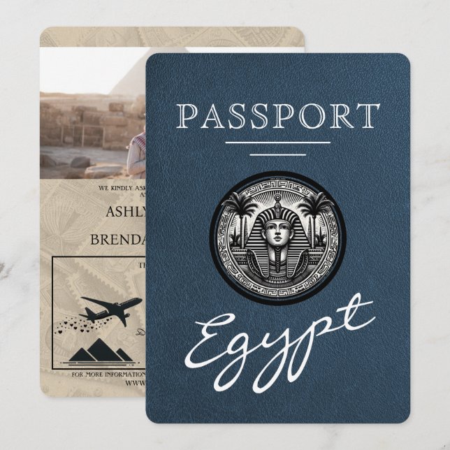 Navy Blue Egypt Passport Wedding Invitation (Devant / Derrière)