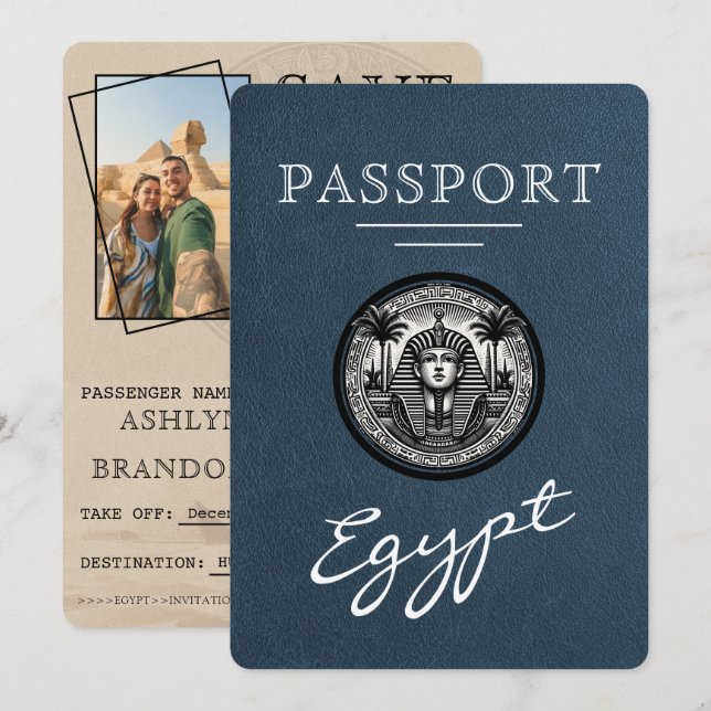 Navy Blue Egypt Passport Wedding Save the Date (Devant / Derrière)