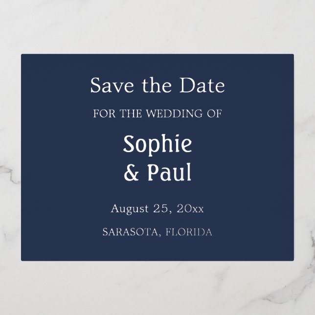Navy Blue Enregistrer la date Foil Invitation Cart (Recto)