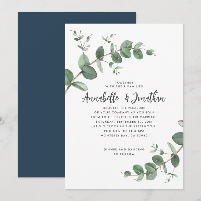 Navy Blue Eucalyptus script Modern Invitation (Devant / Derrière)