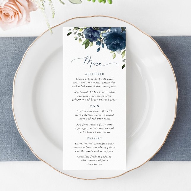Navy Blue Flowers, Greenery, Bridal Shower Menu (Créateur téléchargé)