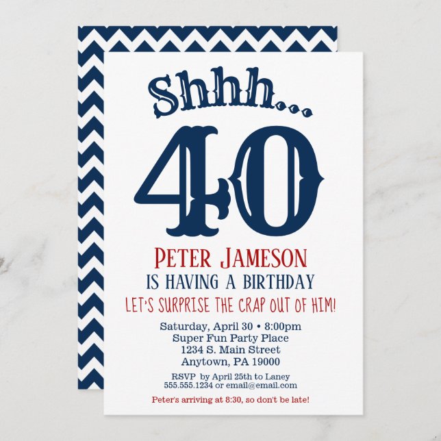 Navy Blue Funny Hommes surprise Party Invitation (Devant / Derrière)