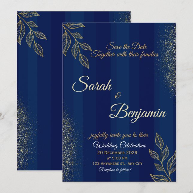 Navy Blue Gold Elegant Wedding Invitation (Devant / Derrière)