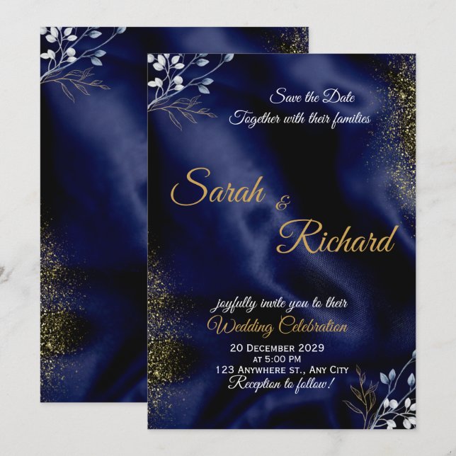 Navy Blue Gold Elegant Wedding Invitation (Devant / Derrière)