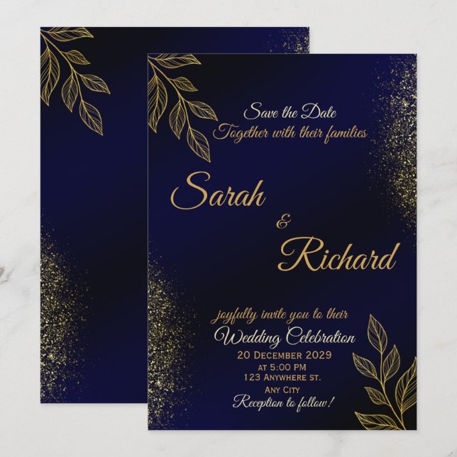 Navy Blue Gold Luxury Wedding Invitation (Devant / Derrière)