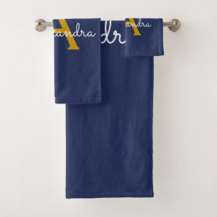 Navy Blue Gold Modern Script Girl Nom du monogramm