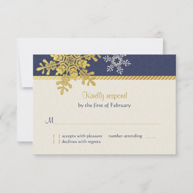 Navy Blue Gold Snowflake Winter Wedding Carte de r (Devant)