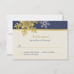 Navy Blue Gold Snowflake Winter Wedding Carte de r