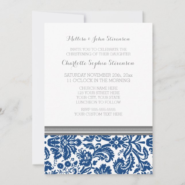 Navy Blue Grey Damask Christening Invitation (Dos)